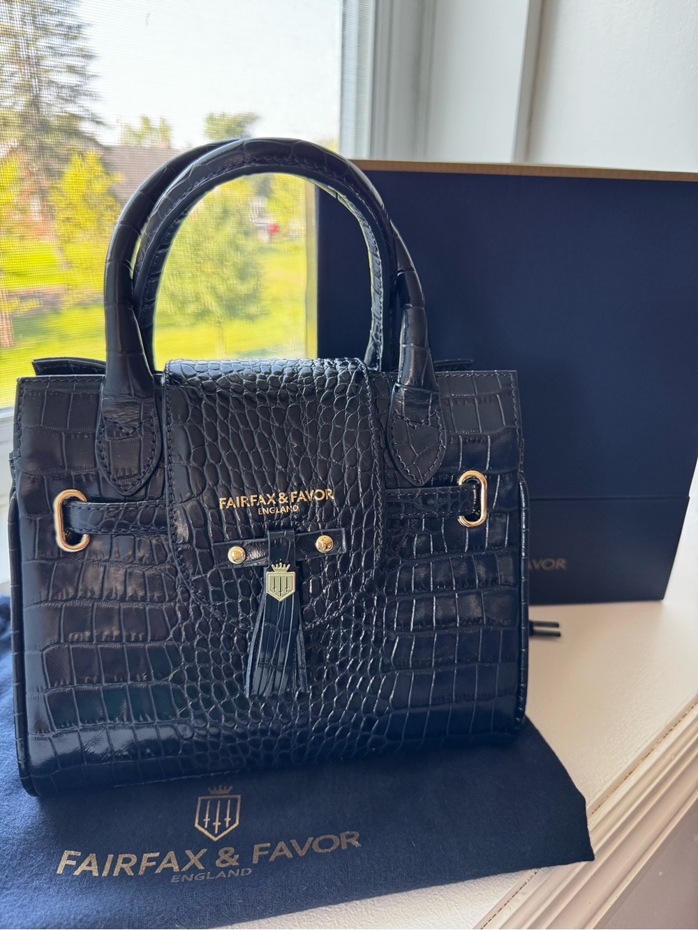 Fairfax & Favor Navy Mini Windsor Croc-Embossed Leather Handbag